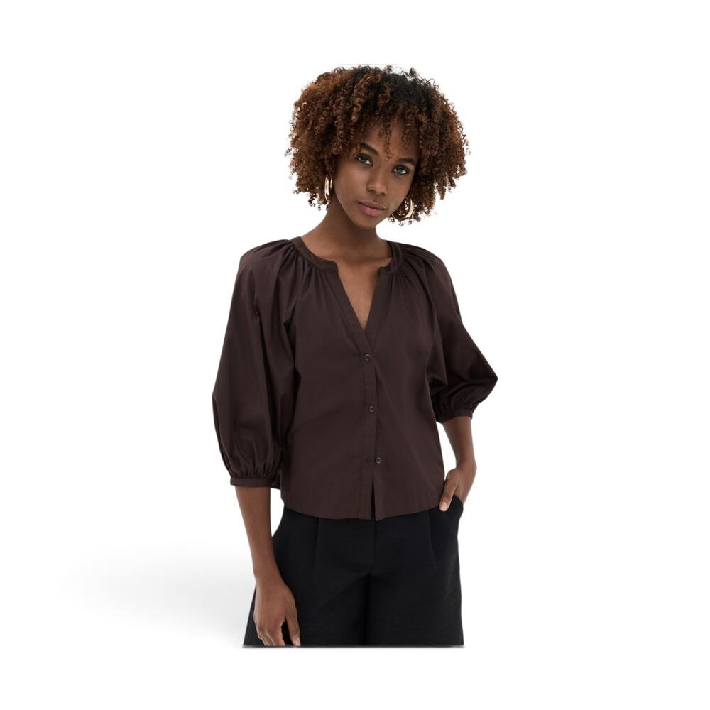 Staud Brown Cotton Puff Sleeve New Dill Blouse Short Top Women's XS Poplin